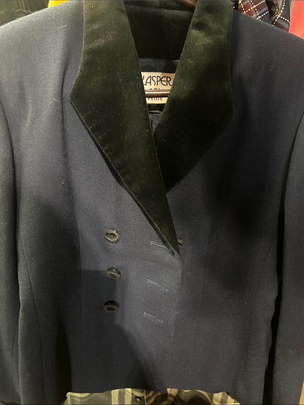 Kasper Navy Double-Breasted Blazer with Black Velvet Shawl Lapel
